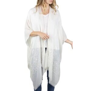 Time and Tru Womens Embroidered Open Front Duster Kimono Pashmina Cream L XL